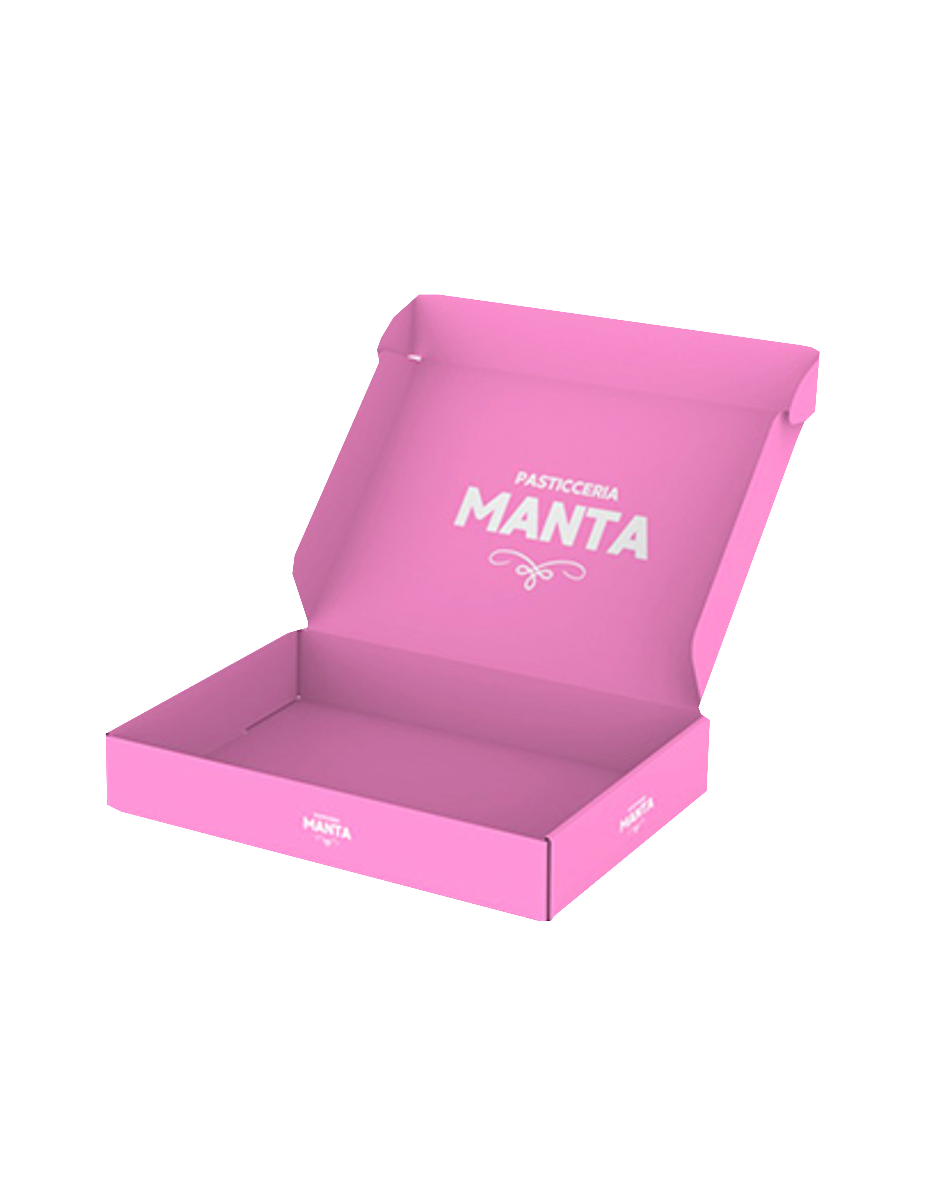 Scatola originale rosa di Pasticceria Manta, aperta e vuota, con logo bianco
